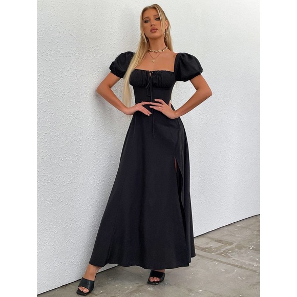 cottagecore Puff Sleeve Tie Front Off Shoulder Slit Thigh maxi Dress black - Picture 1 of 11